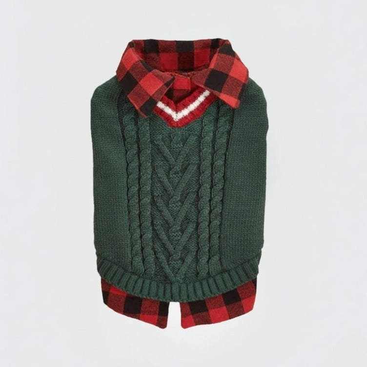 Perfect for Fall Winter Plaid Collar Cable Knit Dog Sweater Vest