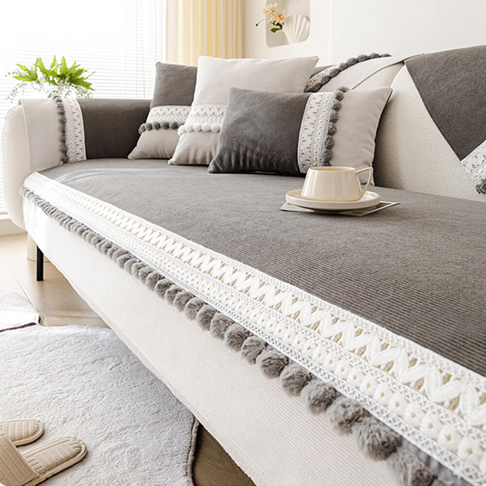 All-Season Water-resistant Anti-Scratch Soft Corduroy Sofa Cover with Pom-Poms