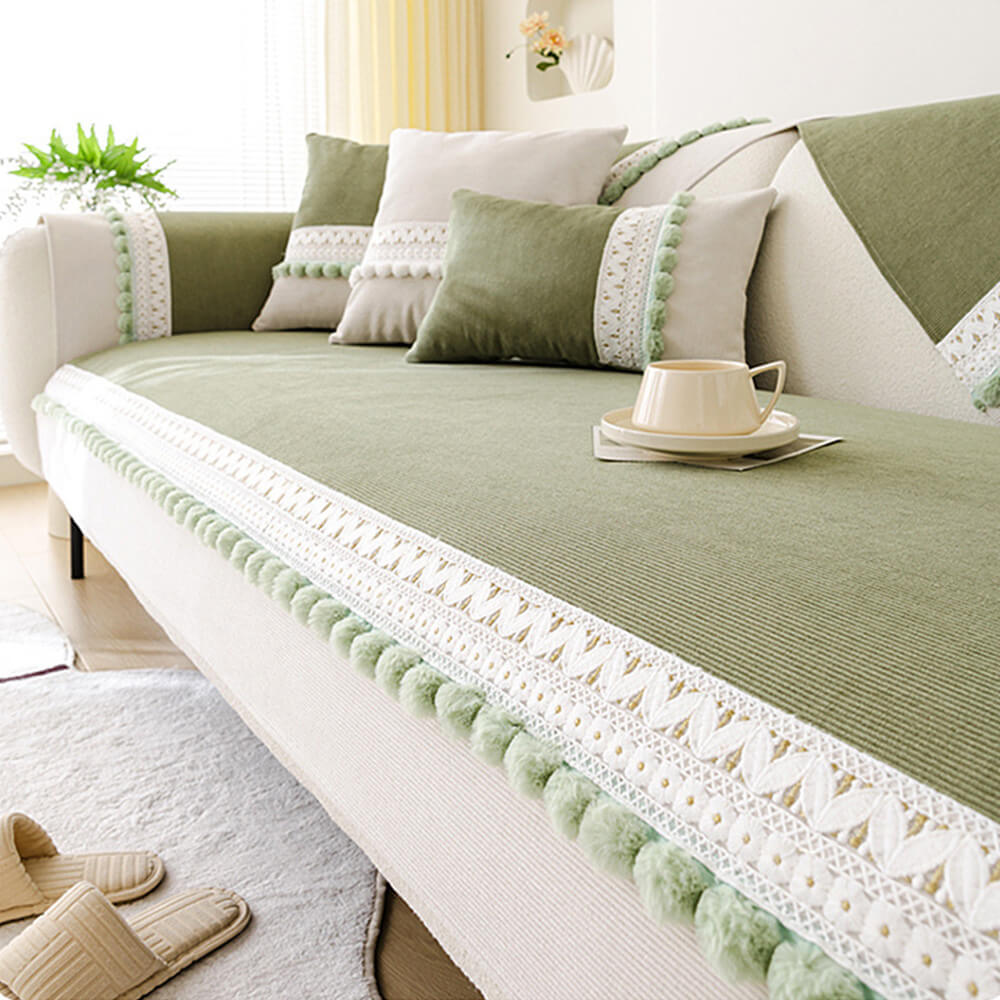 All-Season Water-resistant Anti-Scratch Soft Corduroy Sofa Cover with Pom-Poms