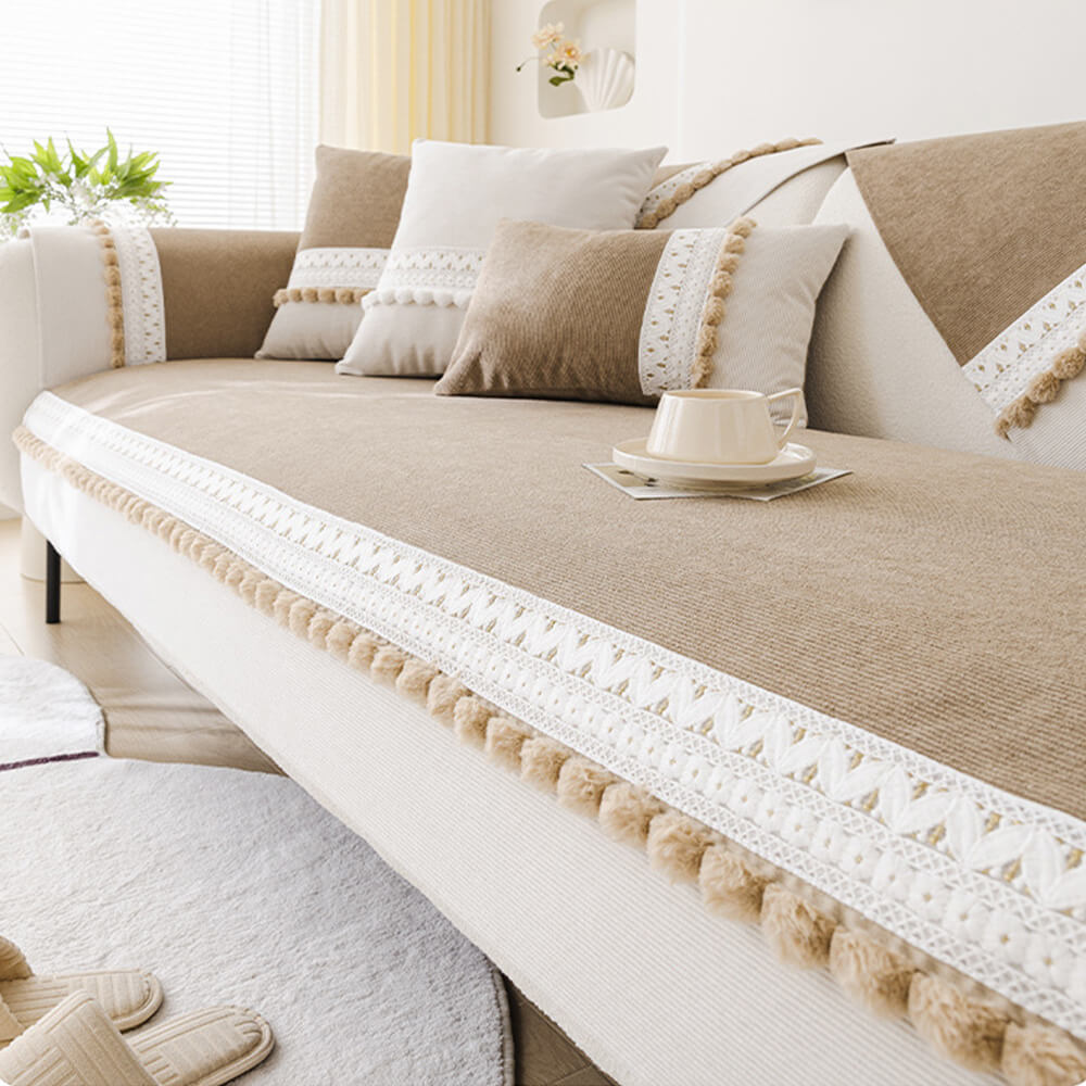 All-Season Water-resistant Anti-Scratch Soft Corduroy Sofa Cover with Pom-Poms