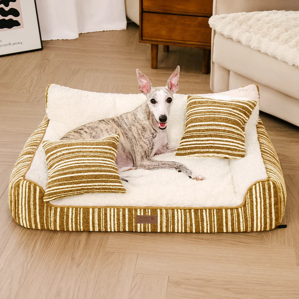 Plush Warm Stripe Orthopedic Dog & Cat Sofa Bed With Pillows- Grove Couch