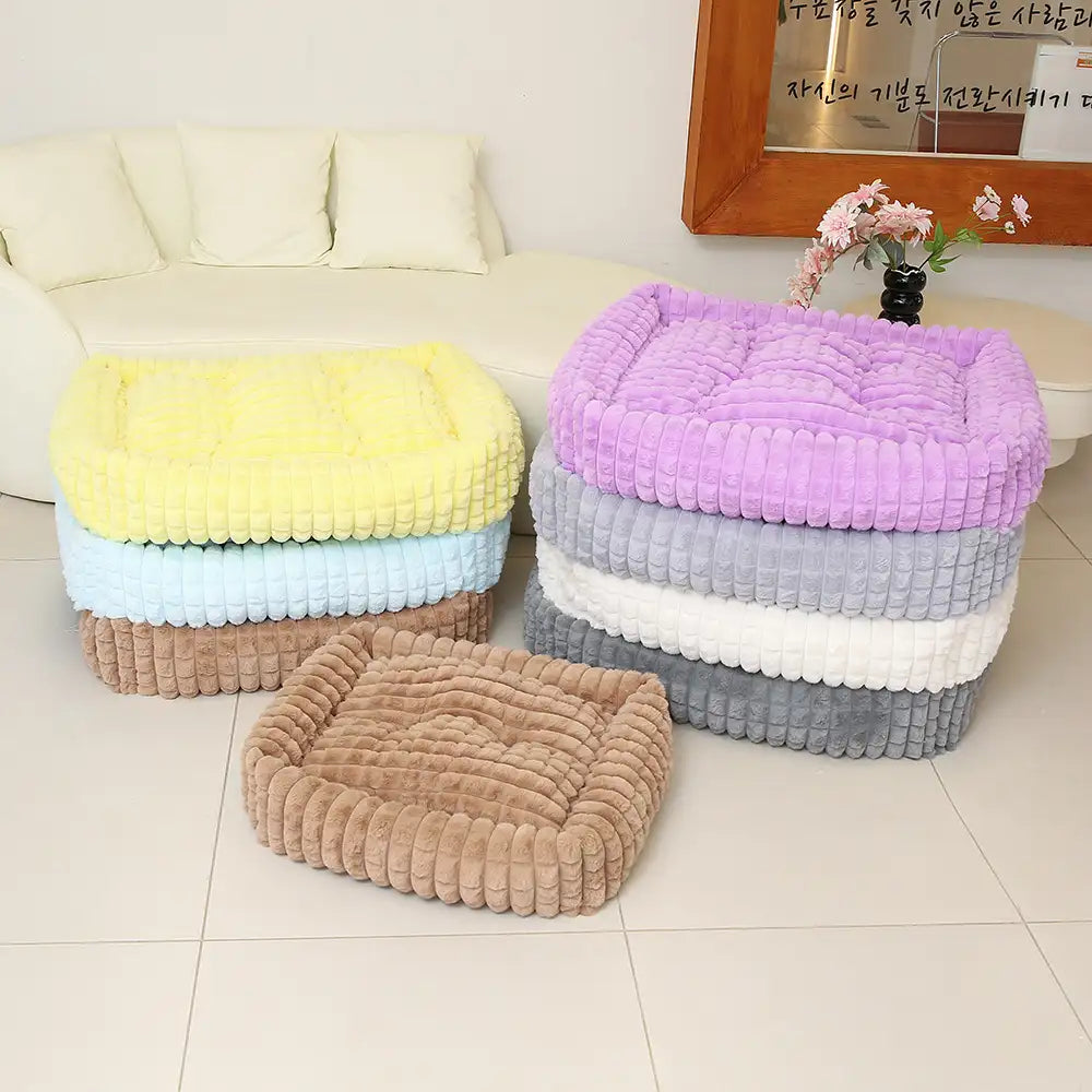 Square Striped Short Plush Fluffy Dog Bed for Small to Large Dogs’ Deep Rest