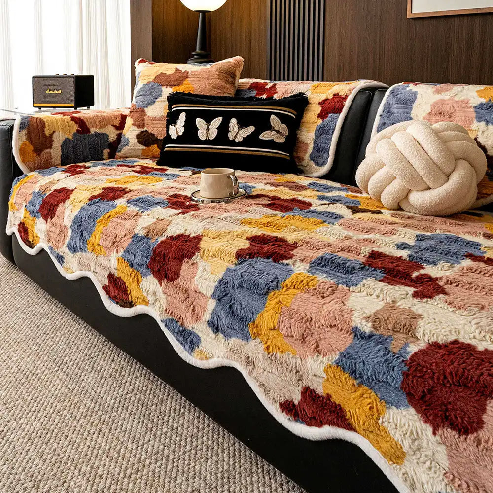 Stylish Color-Blocked Faux Rabbit Fur Soft Non-Slip Irregularly Shaped Sofa Cover