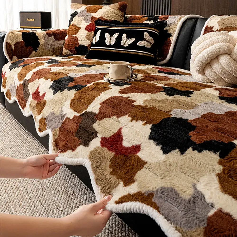 Stylish Color-Blocked Faux Rabbit Fur Soft Non-Slip Irregularly Shaped Sofa Cover