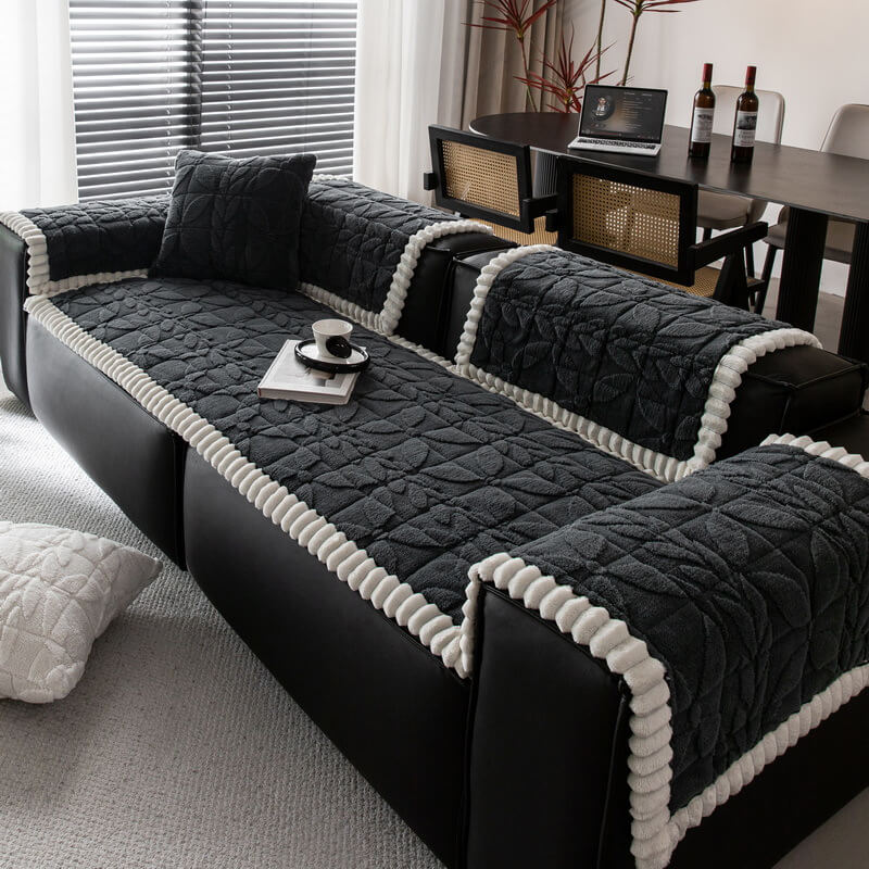 Thickened Short Plush Leaf Pattern Scratch Resistant Non-Slip Sofa Cover