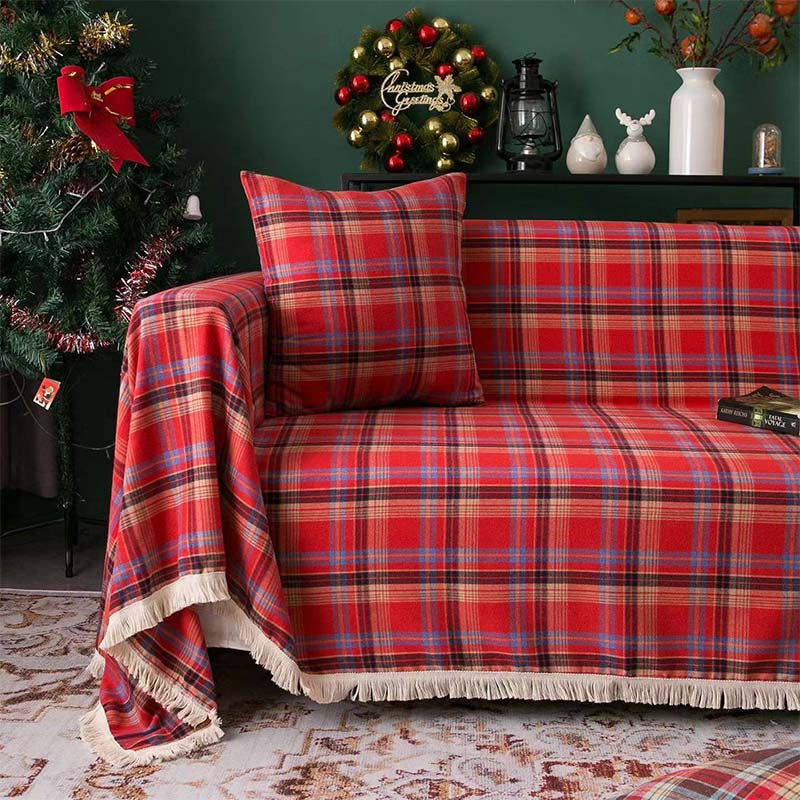 Vintage Christmas Style Plaid Blanket Full Wrap Sofa Cover