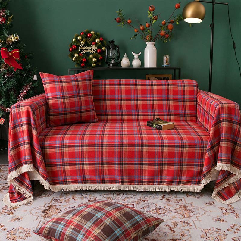Vintage Christmas Style Plaid Blanket Full Wrap Sofa Cover
