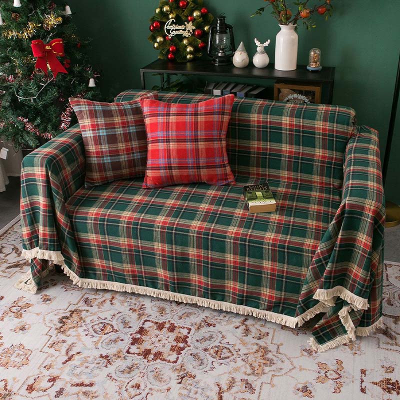 Vintage Christmas Style Plaid Blanket Full Wrap Sofa Cover