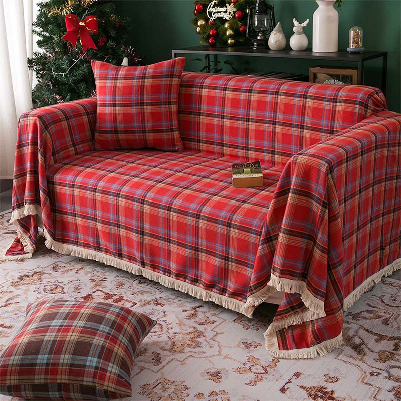 Vintage Christmas Style Plaid Blanket Full Wrap Sofa Cover