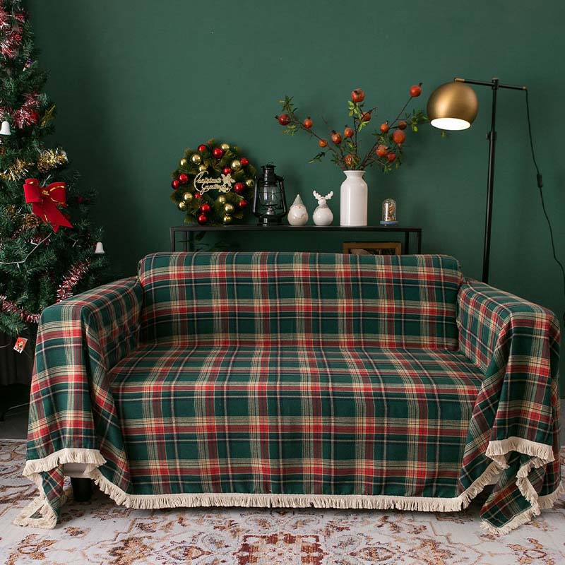 Vintage Christmas Style Plaid Blanket Full Wrap Sofa Cover