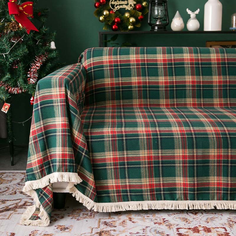 Vintage Christmas Style Plaid Blanket Full Wrap Sofa Cover