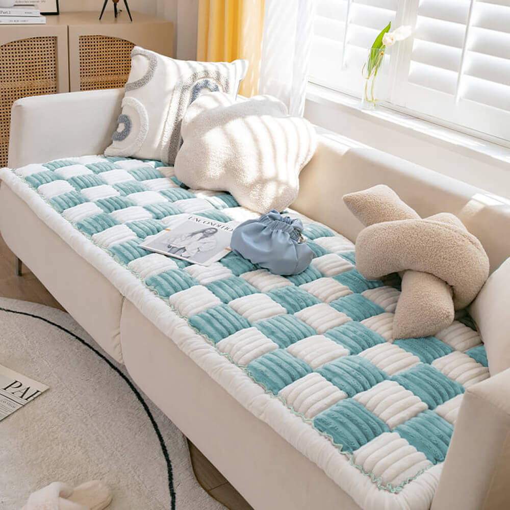 Cream-colored Large Plaid Square Fuzzy Pet Dog Mat Bed Sofa Cover