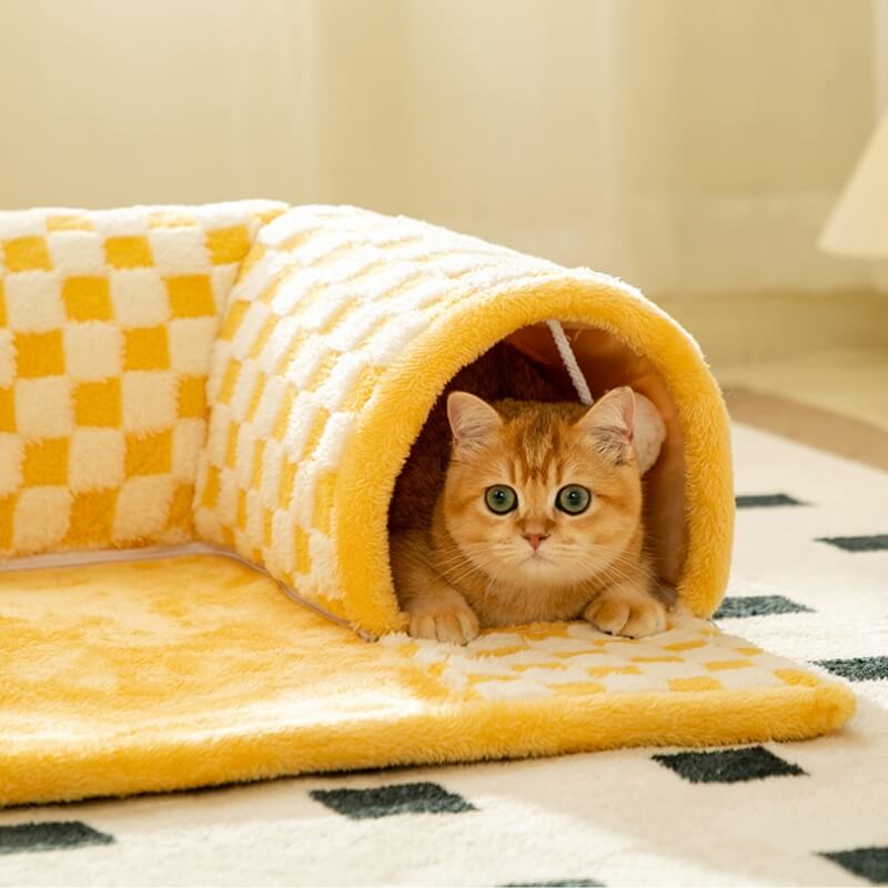 2-in-1 Funny Plush Plaid Checkered Cat Tunnel Bed