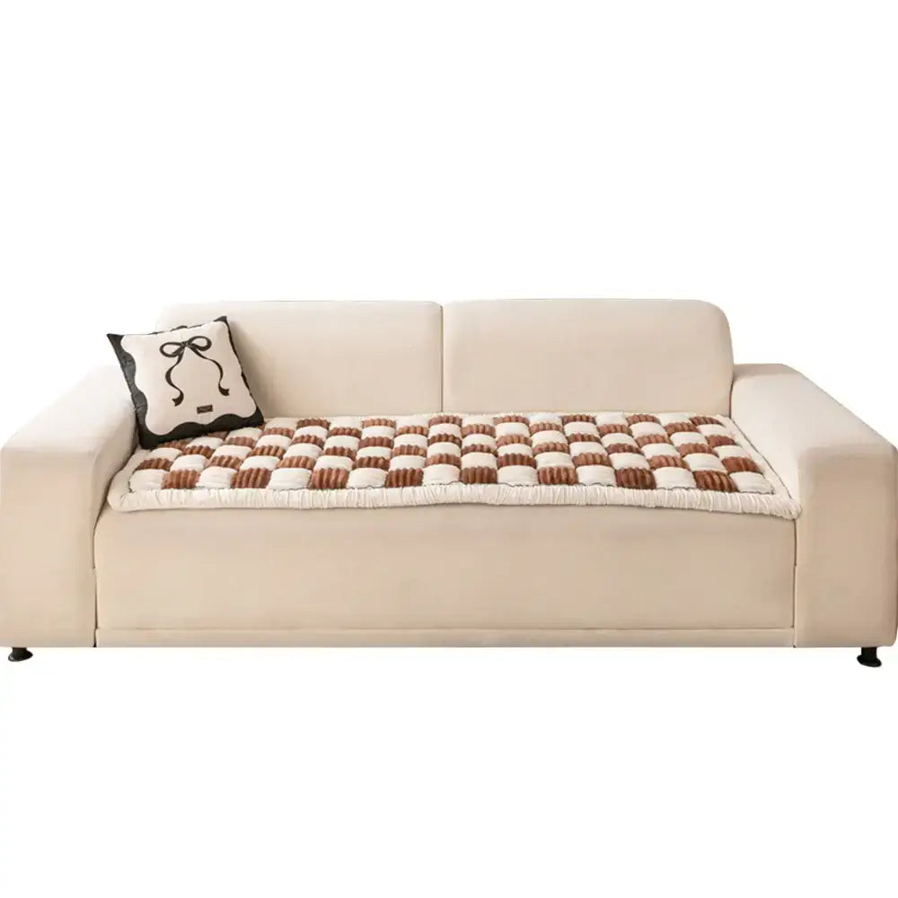 Cream-colored Large Plaid Square Fuzzy Pet Dog Mat Bed Sofa Cover