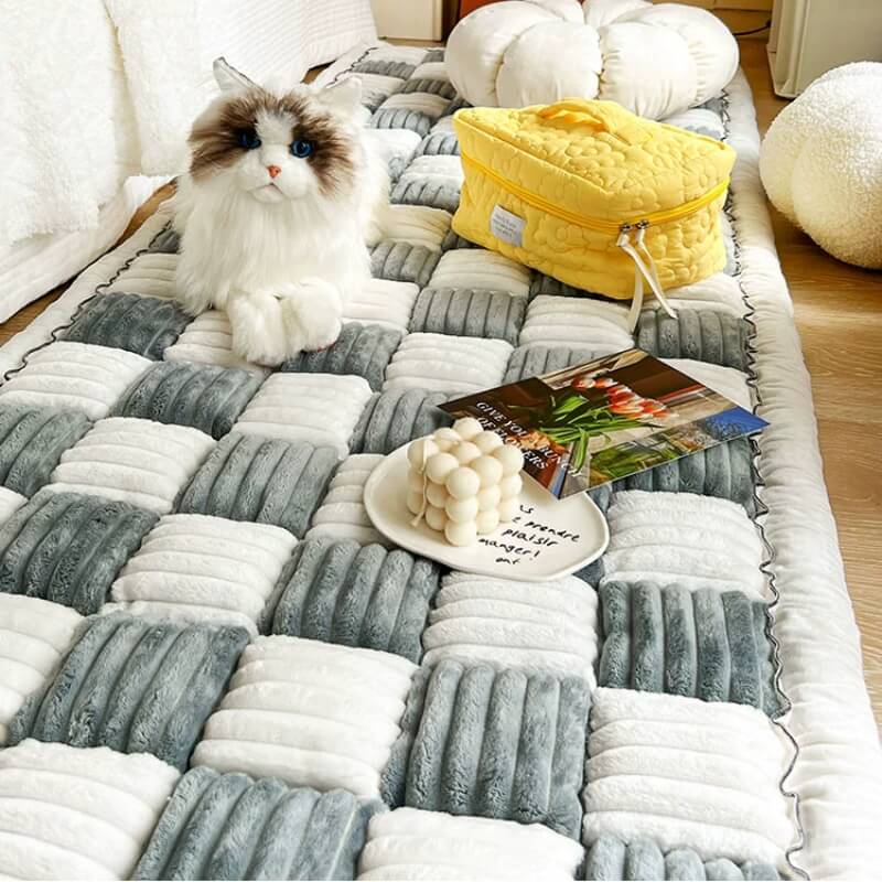 Cream-colored Large Plaid Square Fuzzy Pet Mat Bed Sofa Cover