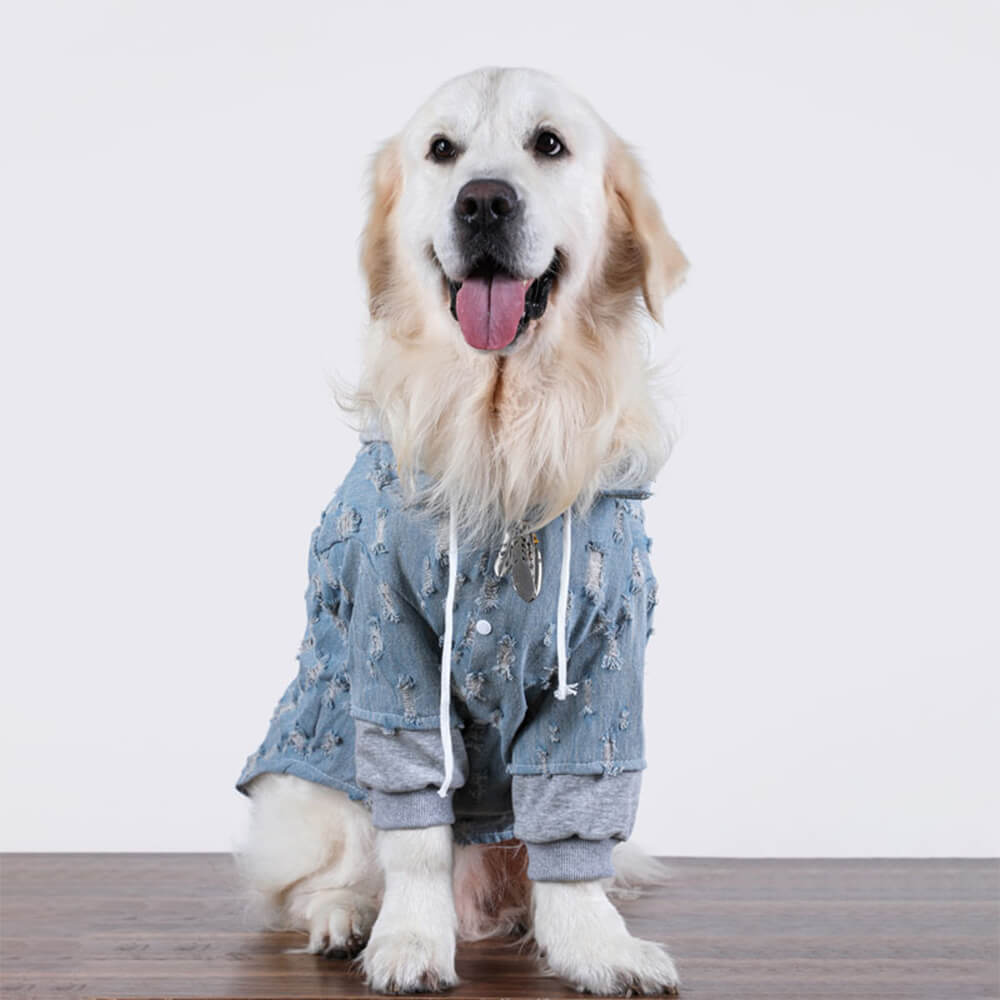 Handsome Ripped Denim Dog Hoodie Jacket Shirt Clothes