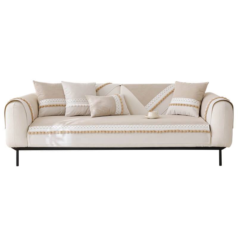 All-Season Water-resistant Anti-Scratch Soft Corduroy Sofa Cover with Pom-Poms