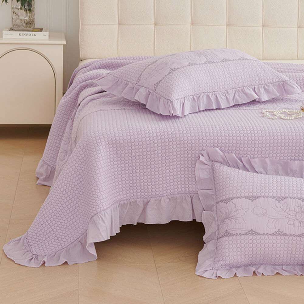 Ruffle Trim Soft Breathable Quilted Cotton Bedspread Set