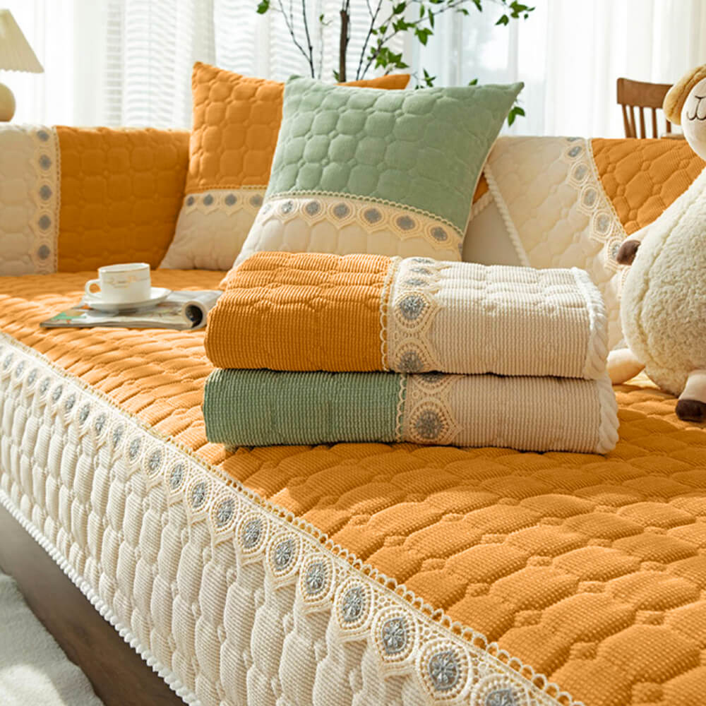 Bright Quilted Lace-Trimmed Non-Slip Couch Cover