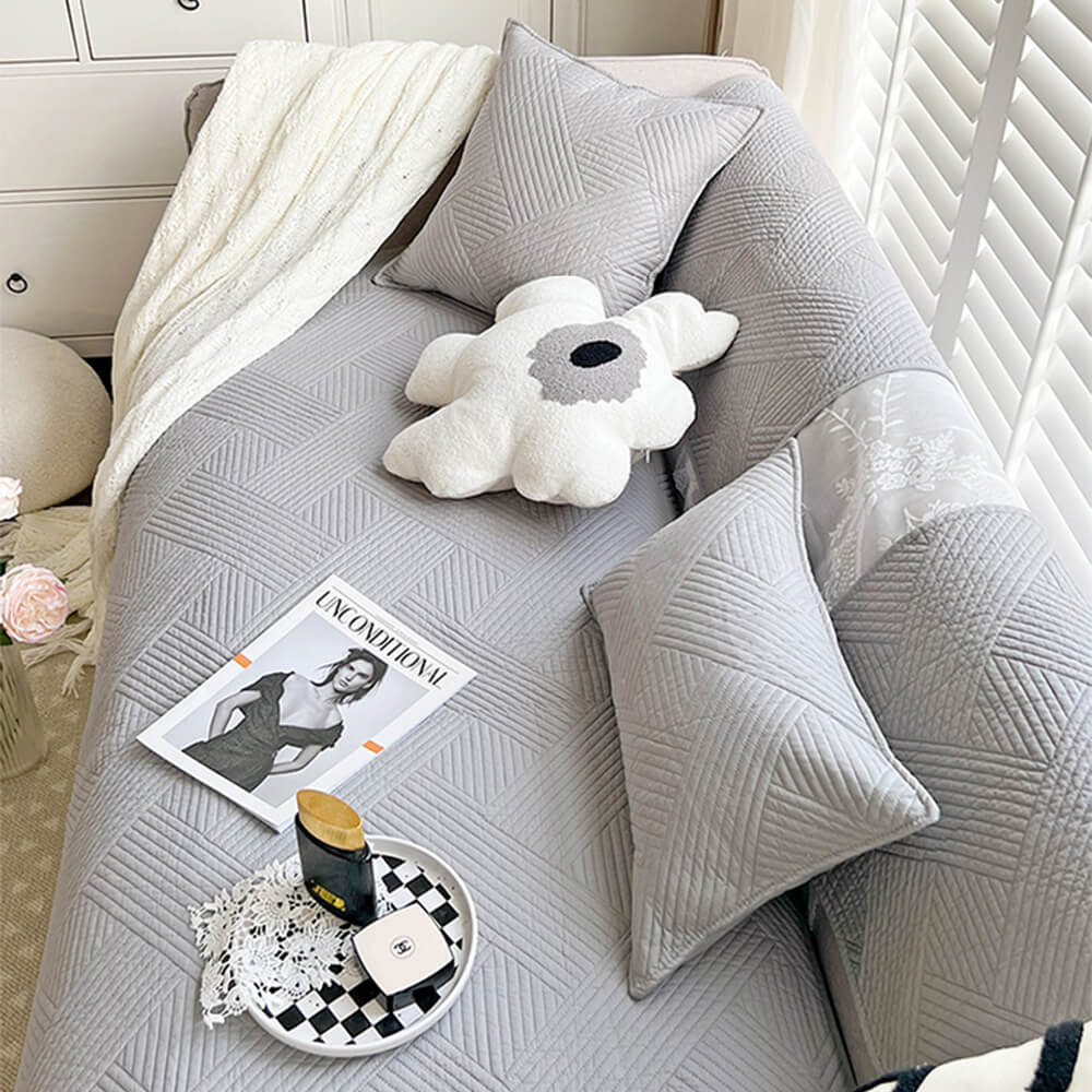 Minimalist All-Season Solid Cotton Geometric Quilted Anti-Slip Sofa Cover