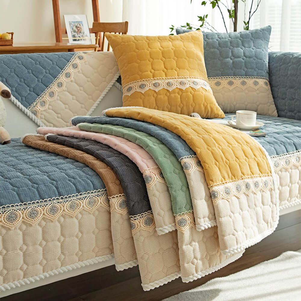 Bright Quilted Lace-Trimmed Non-Slip Couch Cover