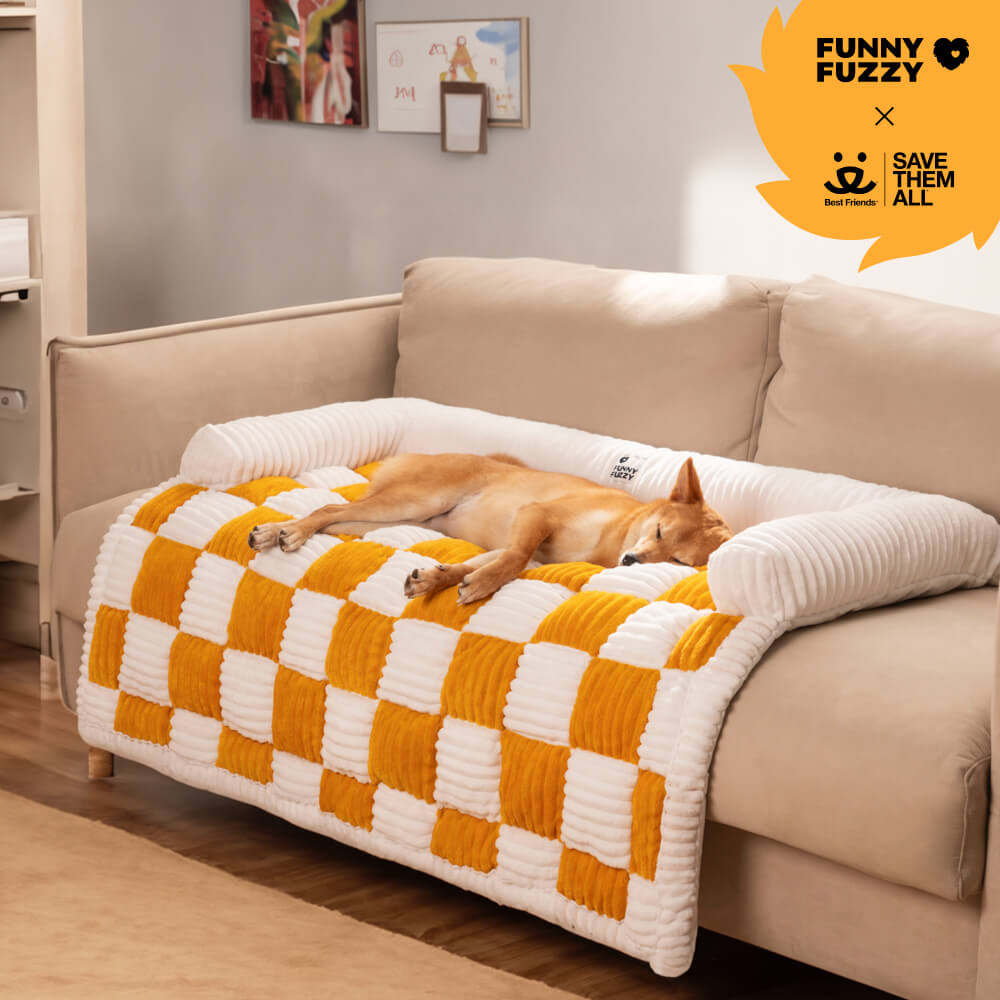 Cream Square Plaid Cozy Dog Mat Furniture Protector Cover