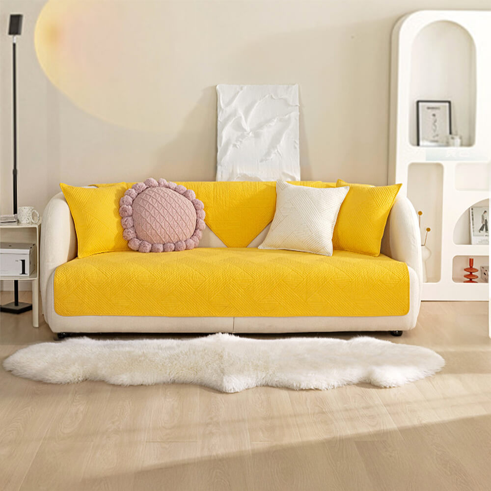 Minimalist All-Season Solid Cotton Geometric Quilted Anti-Slip Sofa Cover