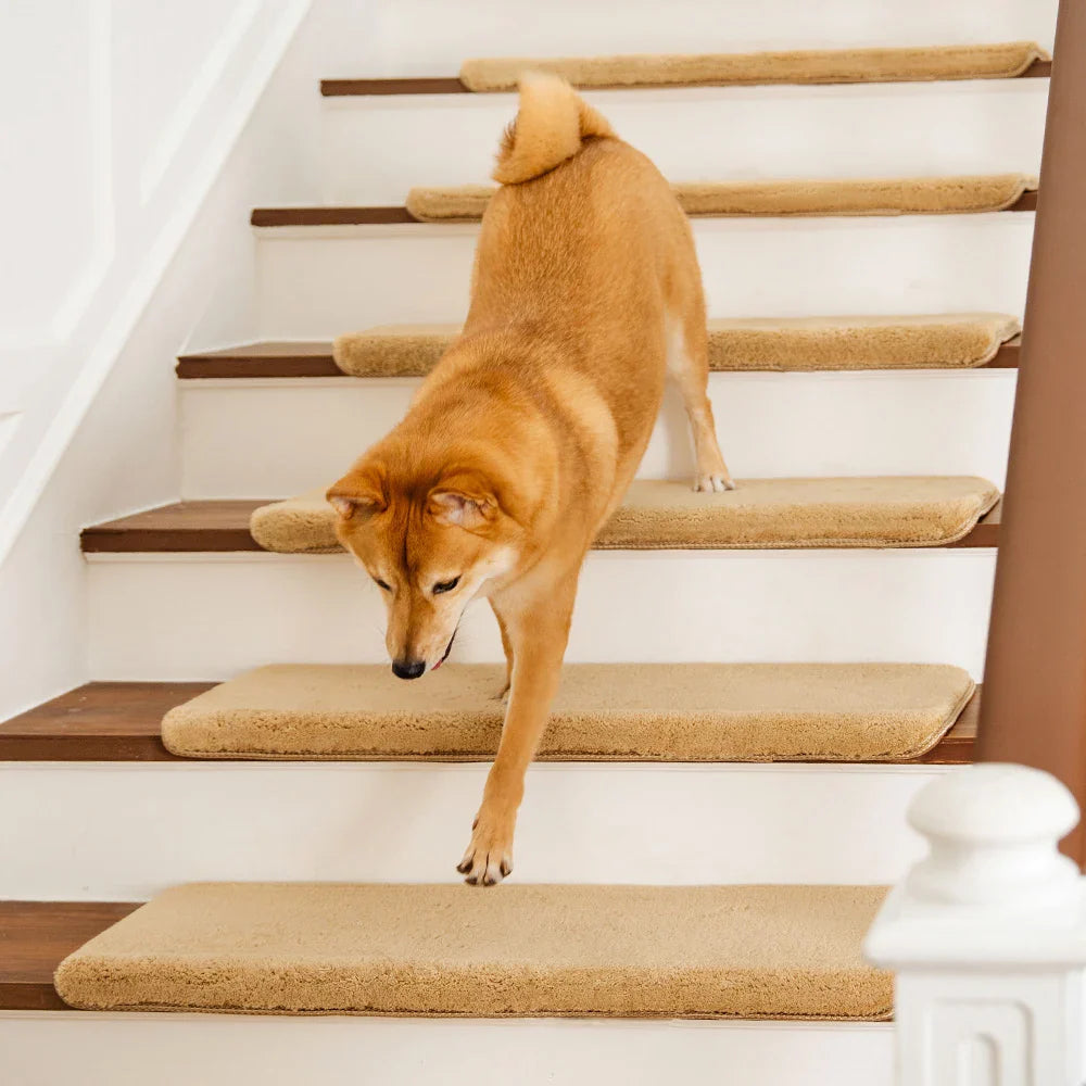 Solid Colour Plush Stair Protectors Non-Slip Tape Free Carpet Stair Treads