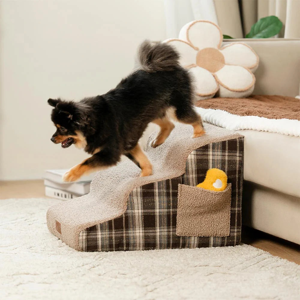 Plush Plaid High-Density Sponge Removable Pet Ramp Stairs - ComfyClimb
