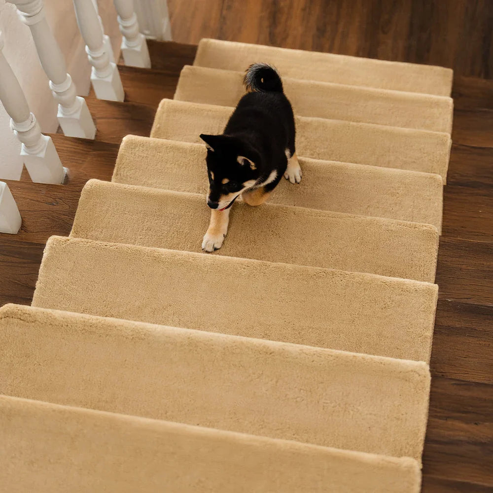 Solid Colour Plush Stair Protectors Non-Slip Tape Free Carpet Stair Treads