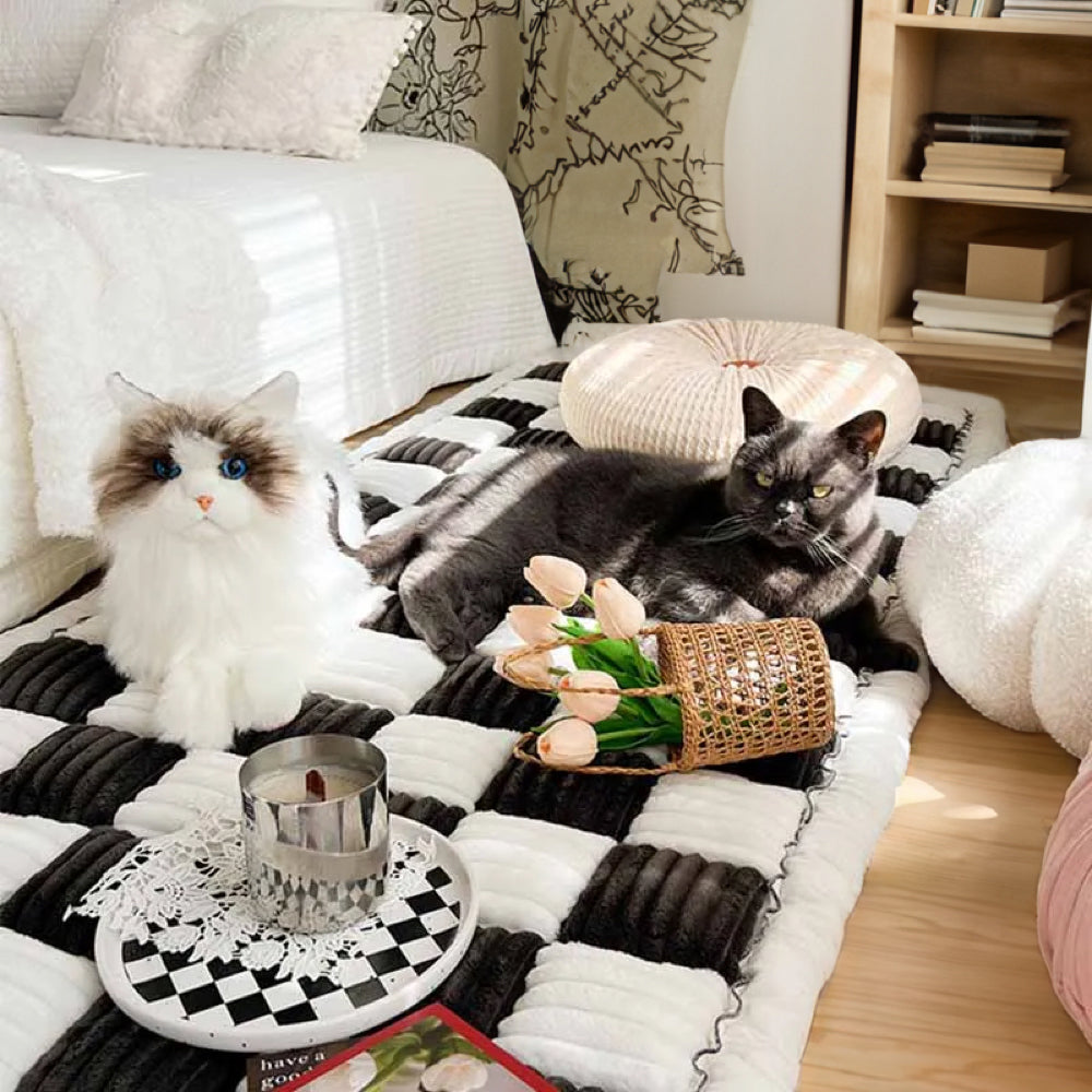 Cream-colored Large Plaid Square Fuzzy Pet Mat Bed Sofa Cover