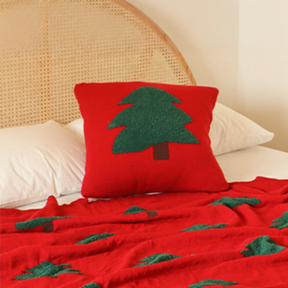 Couverture tricotée à motif d'arbre de Noël festif avec oreiller