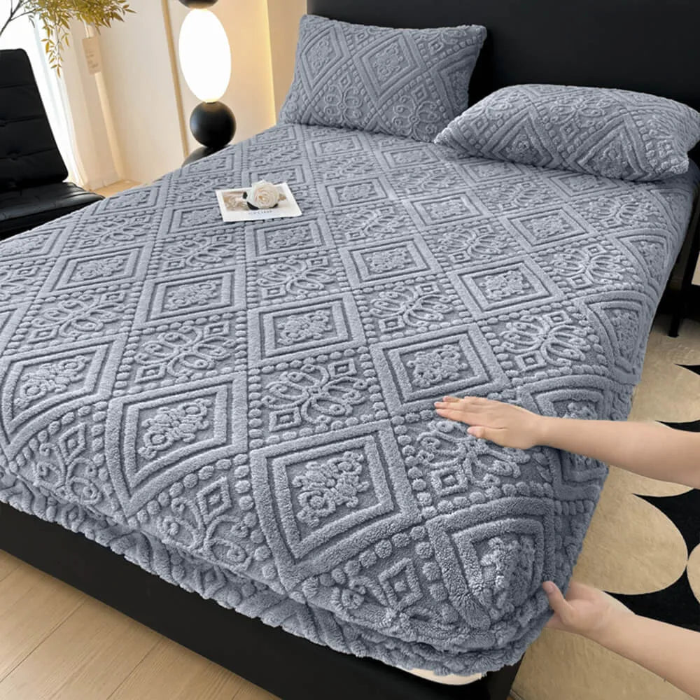 Baroque Style Embossed Warm Milk Velvet Fitted Sheet Mattress Cover