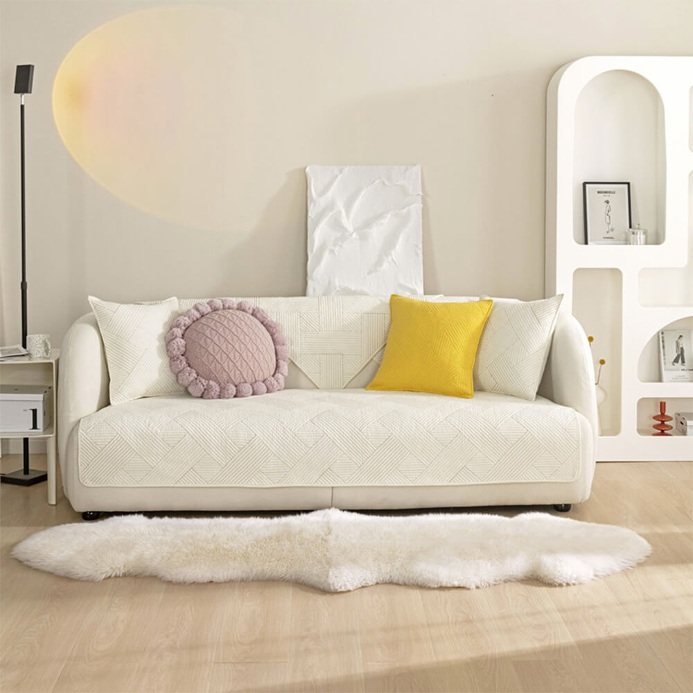 Minimalist All-Season Solid Cotton Geometric Quilted Anti-Slip Sofa Cover