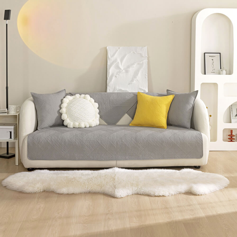 Minimalist All-Season Solid Cotton Geometric Quilted Anti-Slip Sofa Cover