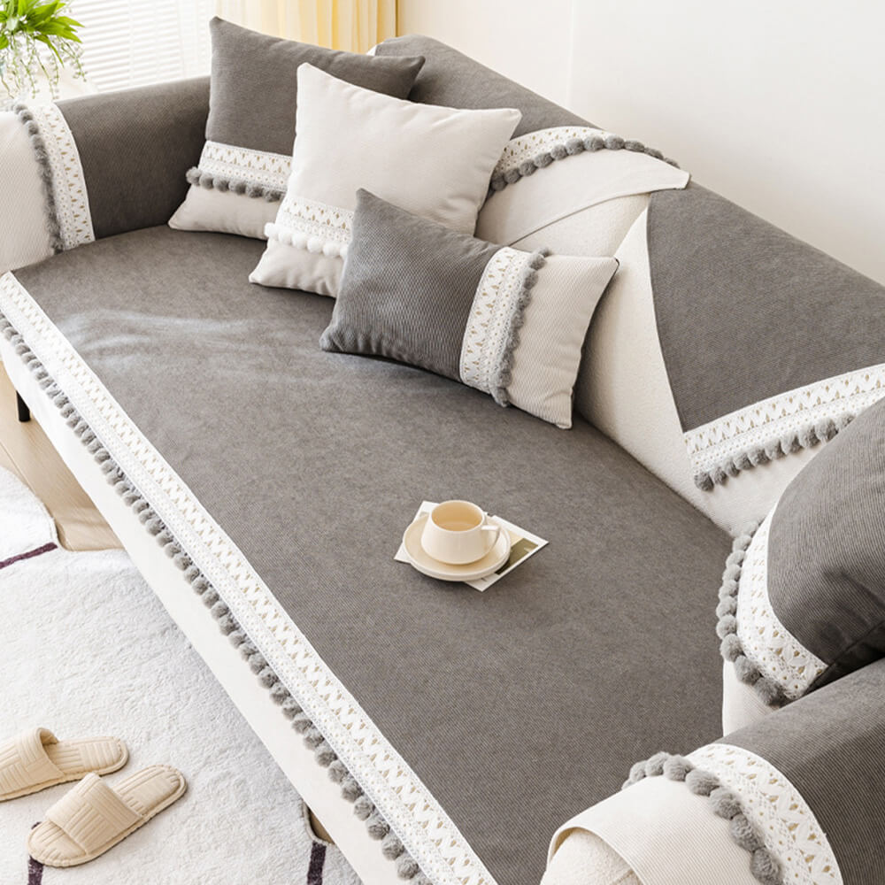 All-Season Water-resistant Anti-Scratch Soft Corduroy Sofa Cover with Pom-Poms
