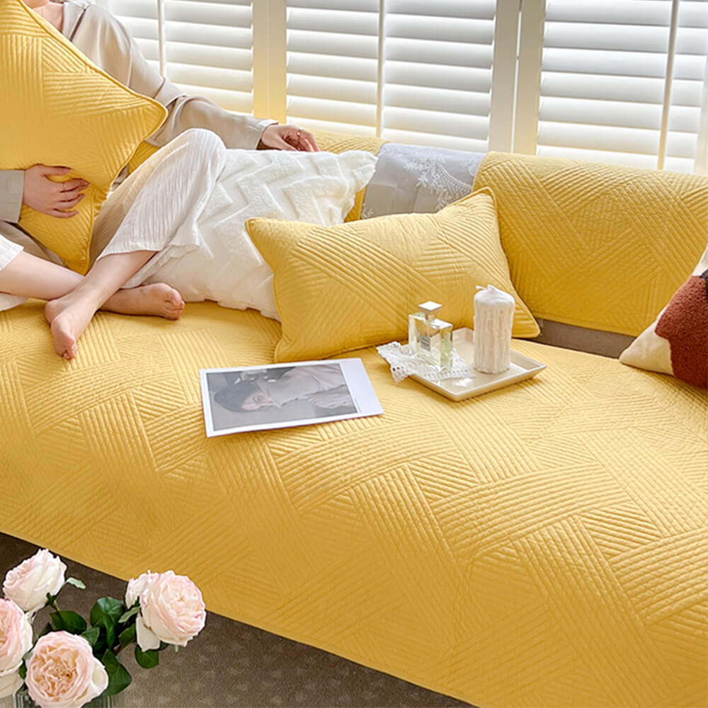Minimalist All-Season Solid Cotton Geometric Quilted Anti-Slip Sofa Cover