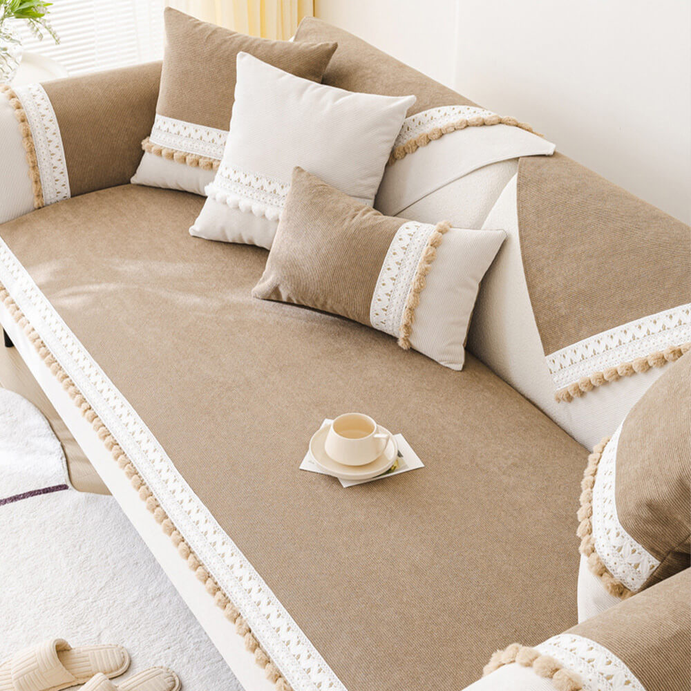 All-Season Water-resistant Anti-Scratch Soft Corduroy Sofa Cover with Pom-Poms