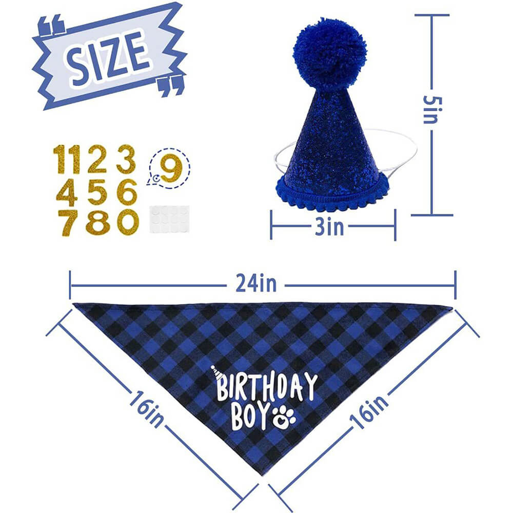 Dog Birthday Boy & Girl Party Set - Blue Plaid Bandana and Hat with Number Stickers