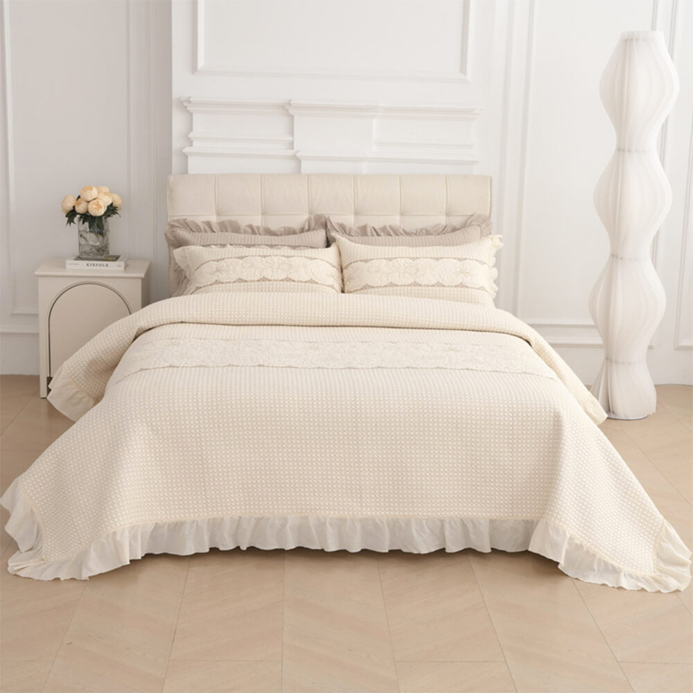 Ruffle Trim Soft Breathable Quilted Cotton Bedspread Set