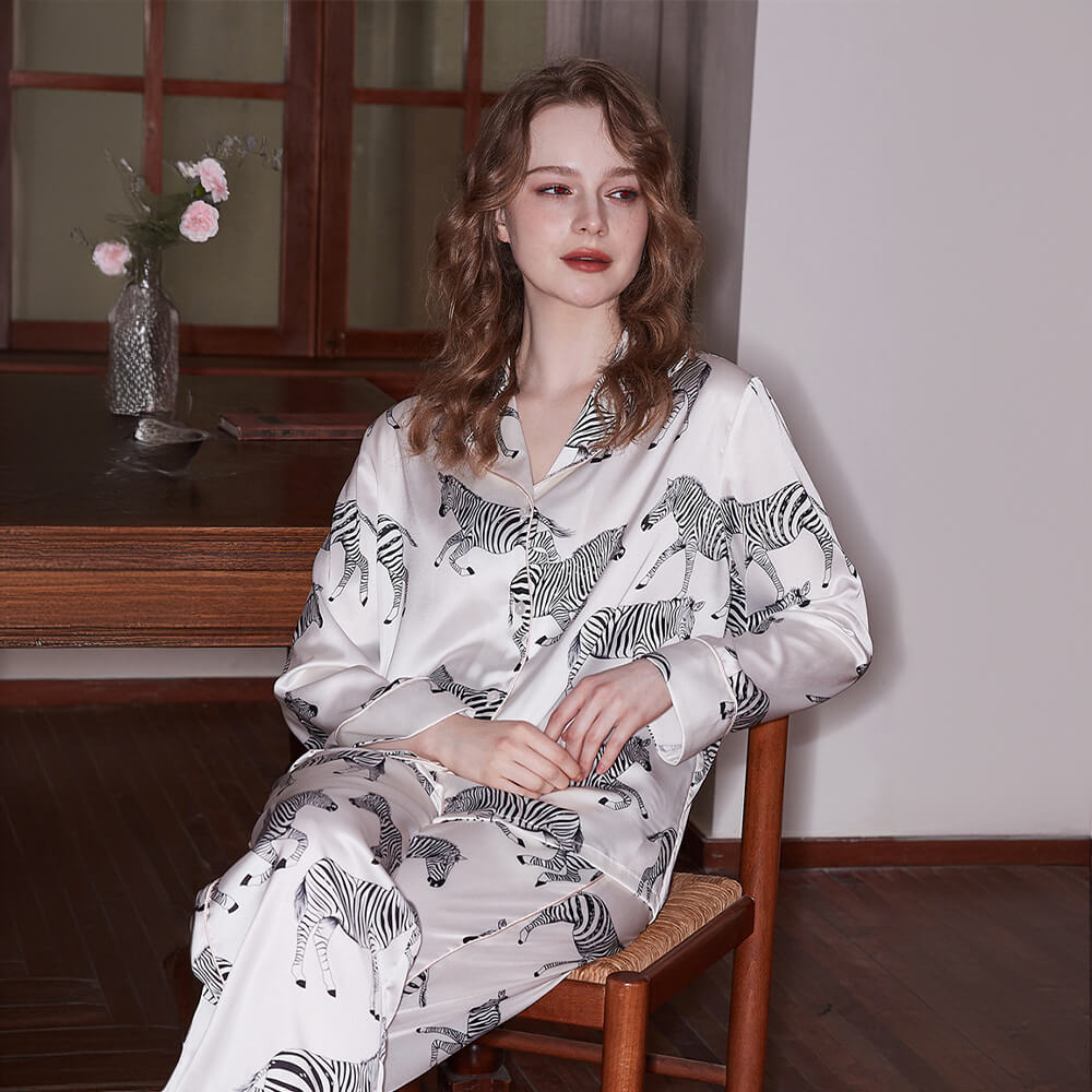 Elegant Animal Print Satin Long Sleeve Pajama Set