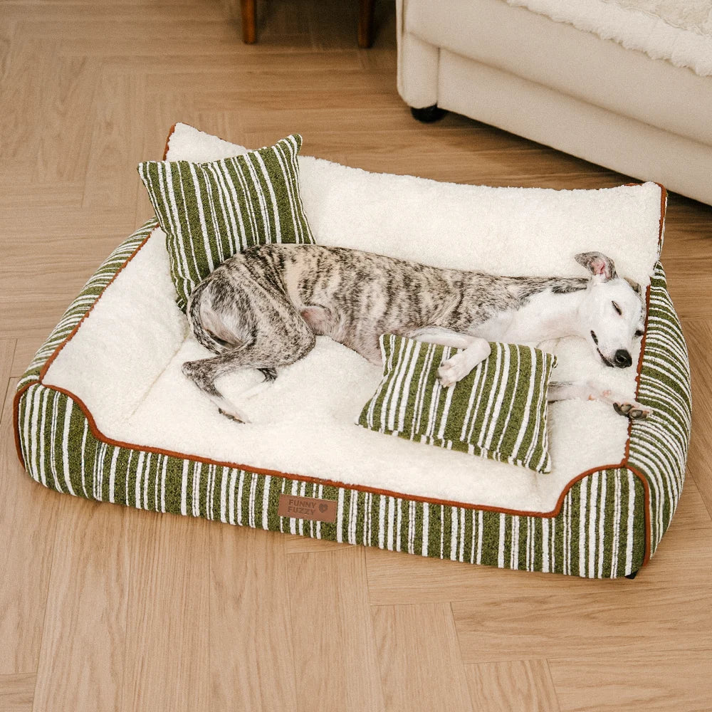 Plush Warm Stripe Orthopedic Dog & Cat Sofa Bed With Pillows- Grove Couch