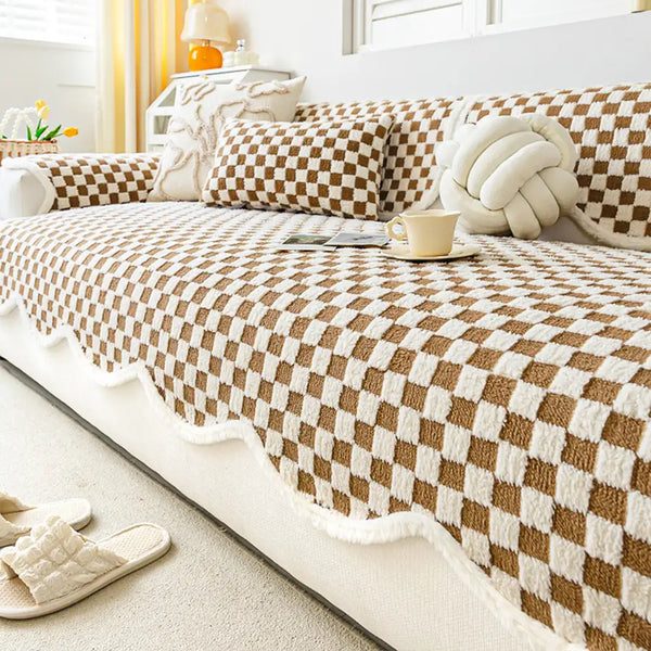 Classic Checkerboard Plush Comfortable Scratch-Resistant Non-Slip Sofa Cover