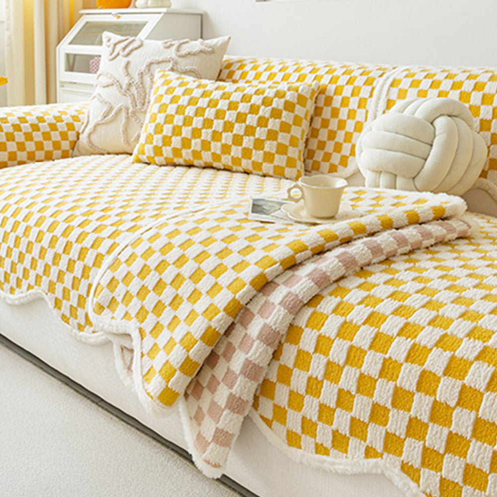 Classic Checkerboard Plush Comfortable Scratch-Resistant Non-Slip Sofa Cover