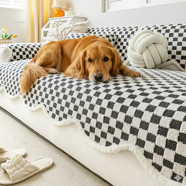 Classic Checkerboard Plush Comfortable Scratch-Resistant Non-Slip Sofa Cover
