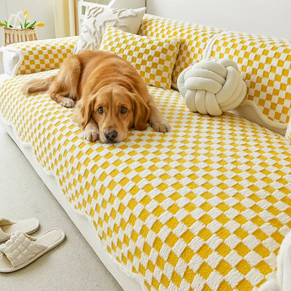 Classic Checkerboard Plush Comfortable Scratch-Resistant Non-Slip Sofa Cover