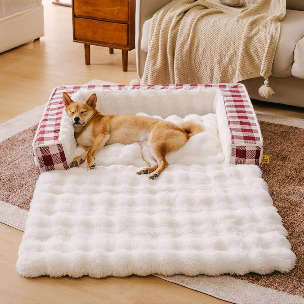 Classic Plaid Ergonomic Calming Dog Bed - Expandable＆Washable