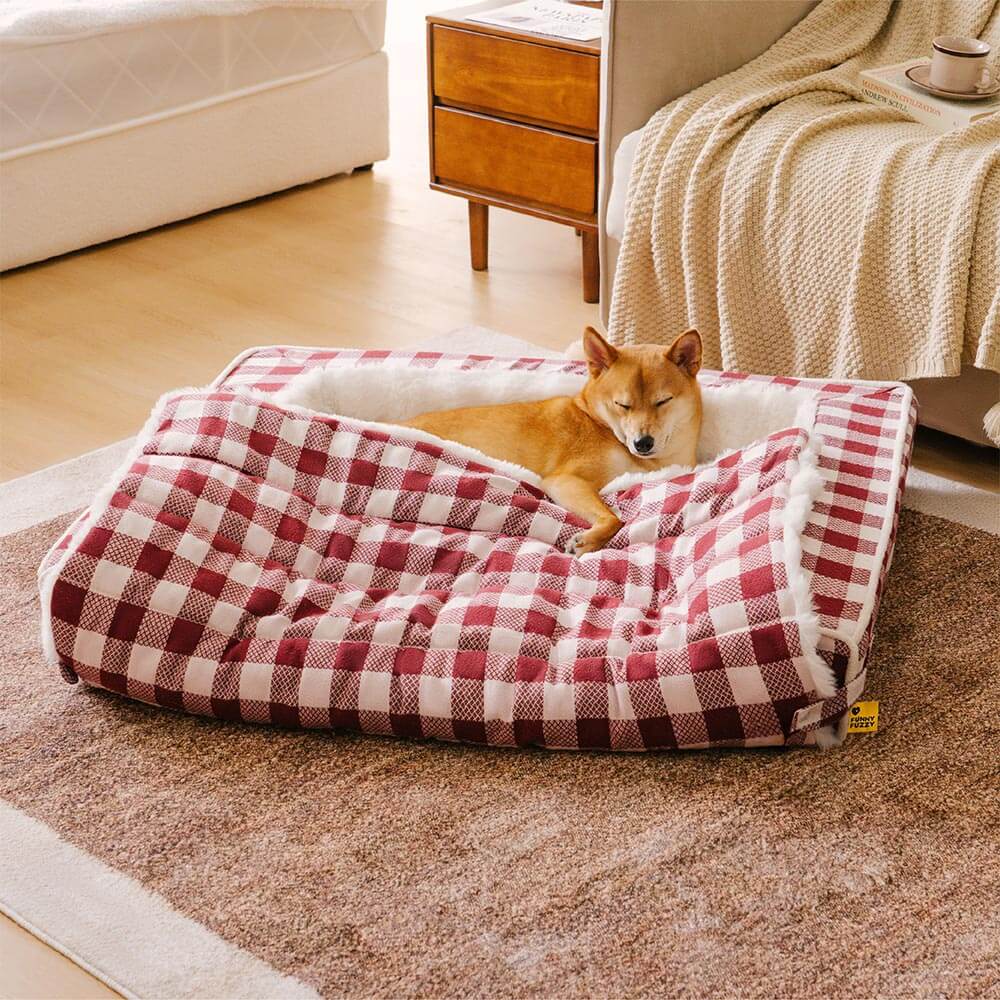 Classic Plaid Ergonomic Calming Dog Bed - Expandable＆Washable