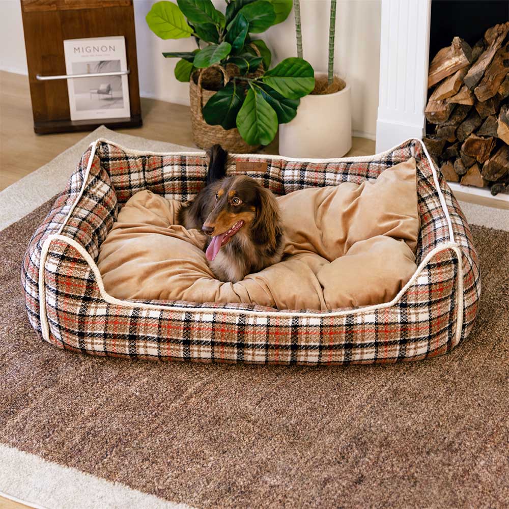 Classical Retro Plaid Removable Bolster Calming Dog Bed - Nostalgic Retreat