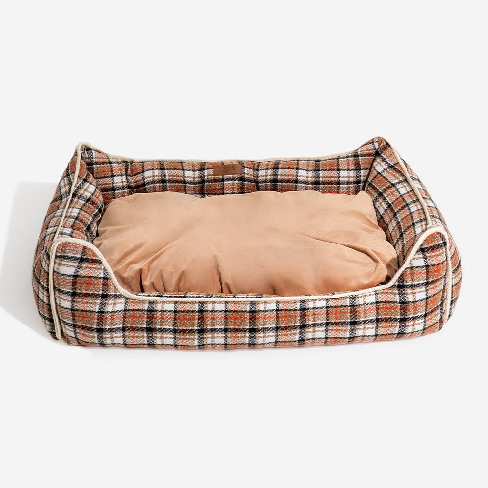 Classical Retro Plaid Removable Bolster Calming Dog Bed - Nostalgic Retreat